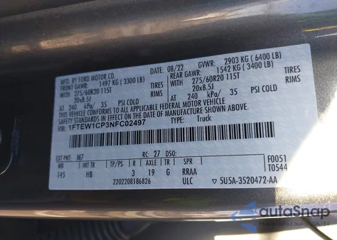 2022 Ford F-150 Lariat из США, поврежденный, VIN 1FTEW1CP3NFC02497